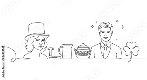 The line art illustration depicts two figures flanking various cultural artifacts, including a top hat, jewelry scale, mug, decorative pot, and a shamrock.