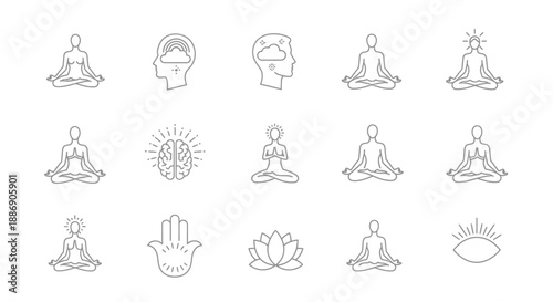 A Collection of minimalist line icons illustrates various concepts related to meditation, yoga, mindfulness, and mental well-being.