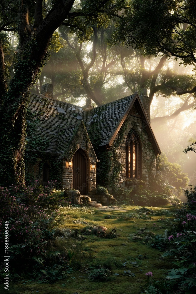 Fototapeta premium Fairytale stone and wood cottage nestled in sun-dappled enchanted forest, mossy ground and blooming flowers all around. Whimsical magic and timeless peace captured at golden hour.