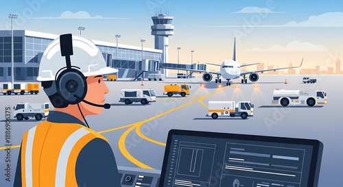Airport ground controller oversees busy tarmac operations, guiding aircraft and support vehicles. Ensuring safe, efficient logistics at a modern airport