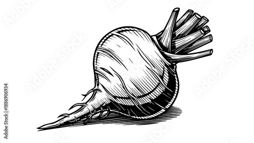 Black and white illustration of a single radish with leafy greens on a light gray background