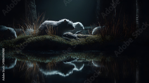 Animals in a reflective forest setting