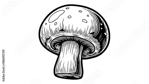 Black and white illustration of a single mushroom with intricate textures and organic contours