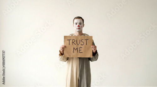 Wallpaper Mural Clown man holding trust me sign. April Fools Day deception concept. Humorous warning about pranks tricks and skepticism in carnival entertainment Torontodigital.ca