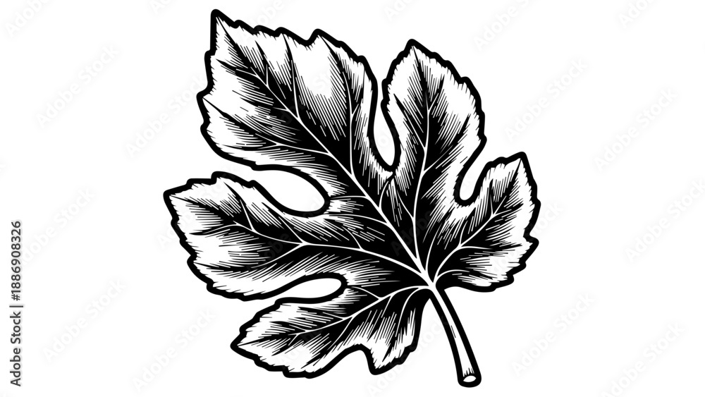 Obraz premium High-contrast black-and-white illustration of a single, intricately detailed leaf with visible veins and serrated edges