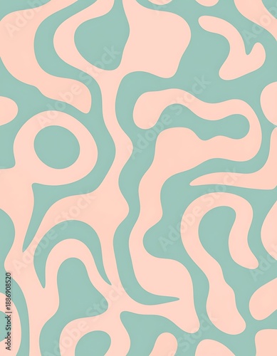 Abstract flowing peach and teal shapes form an organic pattern, creating a soothing and fluid visual