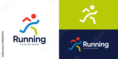 Creative simple running logo template. Abstract people run with geometric style logo design vector illustration.