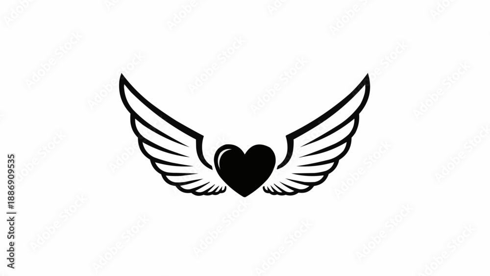 Obraz premium Black heart with white wings on a white background.