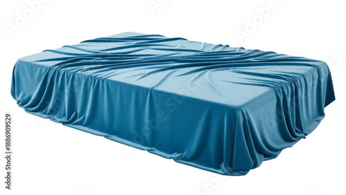 A bed or mattress covered with a flowing, draped blue sheet on a white background, suggesting comfort and sleep.