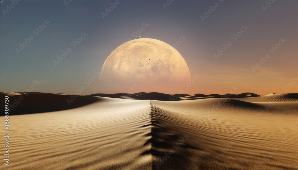 Obraz premium Twilight Desert Dunes with Symmetric Path Leading Toward Rising Full Moon