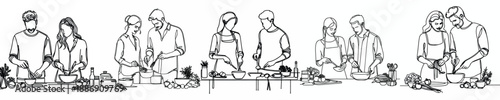 line art of a couple cooking together in the kitchen