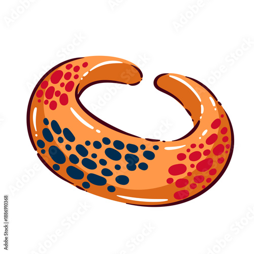 Gold cuff bracelet jewelry. Open rigid bangle with decorative enamel pattern, glossy metal surface, bold outlines. Statement bracelet accessory, fashion detail, cartoon vector illustration.