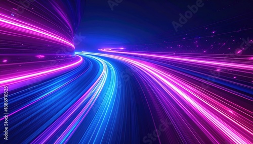 Neon light trails streak through a dark, curving tunnel