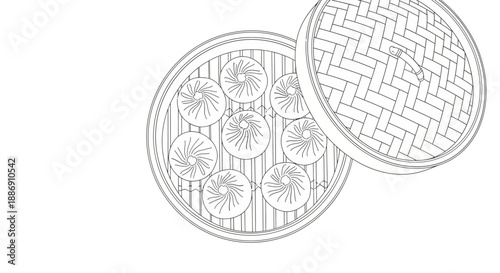 Line Art Illustration of Xiao Long Bao Soup Dumplings in Bamboo Steamer for Coloring Page