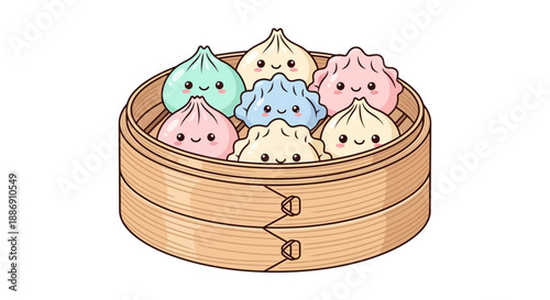 Cute Kawaii Dimsum Vector Illustration in Bamboo Steamer, Pastel Cartoon Asian Food