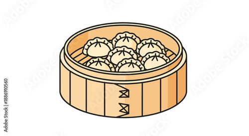 Steamed Dumplings in Bamboo Basket Vector Icon, Minimalist Asian Food Illustration