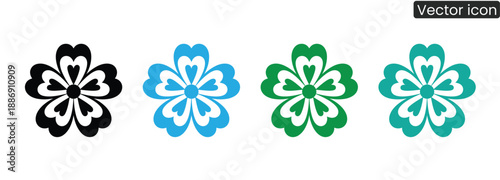 Set of colorful flower icons with heart shaped petals in modern design