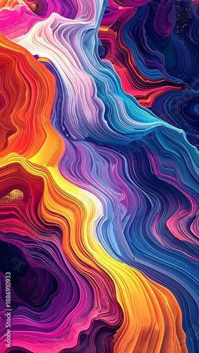 Abstract flows of orange, yellow, purple, blue, and white blend in a smooth, undulating, colorful landscape