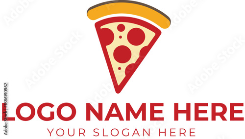 Cartoon-style pizza slice logo vector with pepperoni, green peppers, and golden crust for playful food branding