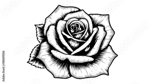 Black and white illustration of a single rose with delicate petals and tightly coiled bud