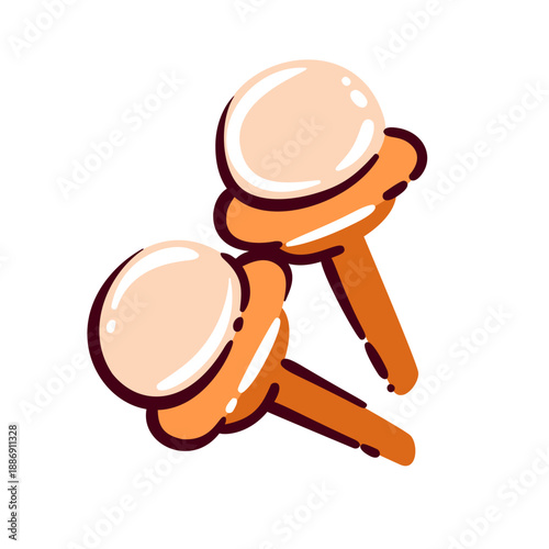 Gold pearl stud earrings jewelry. Pair of round pearl studs with glossy metal posts, smooth shapes, soft beige tones. Minimal jewelry accessory, elegant fashion detail, cartoon vector illustration.