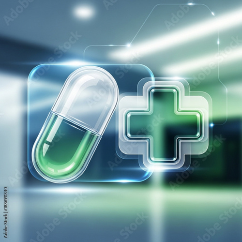 Green capsule and medical cross symbol in a futuristic medical setting with blue and green lights