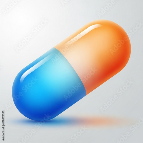 3d illustration of a blue and orange capsule on a light grey background
