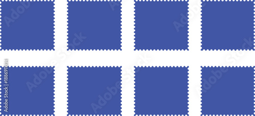 Set of eight identical blue square frames with dotted borders