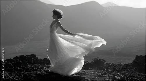 Woman in flowing dress on rocky terrain