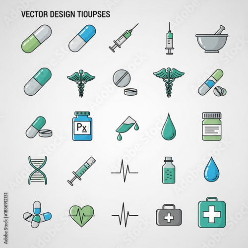 Vector design icons of various medical and pharmaceutical symbols and objects