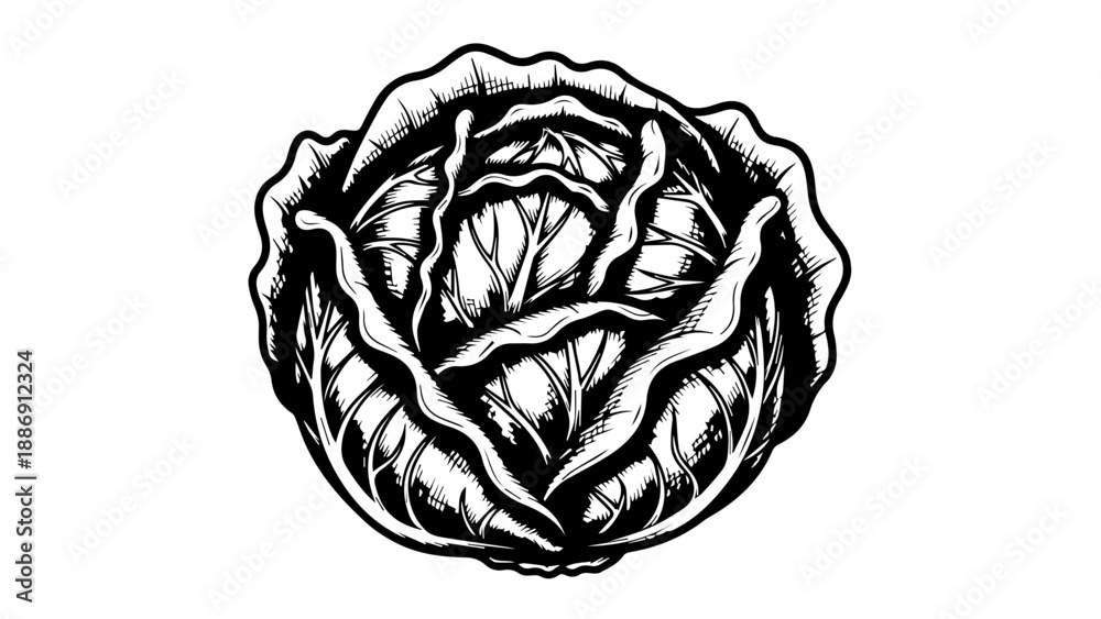 Obraz premium High-contrast black and white illustration of a cabbage with detailed leaves