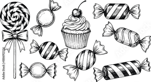 candy, sweets, dessert, cupcake, lollipop, sugar, confectionery, sketch, hand, drawn, vector, illustration, black, white, vintage, doodle, food, collection, design, background