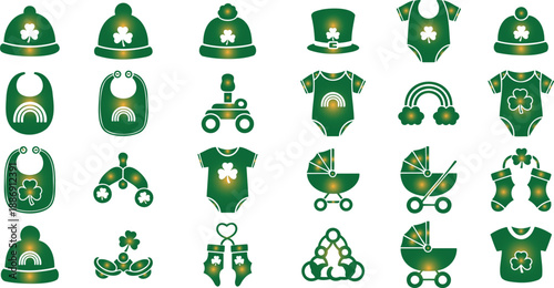 St Patricks Day themed baby items including hats bibs onesies socks strollers and toys all featuring shamrocks rainbows and green colors