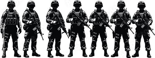 Military, soldiers, silhouette, tactical, team, rifles, security, special, forces, army, uniform, vector, illustration, black, white, lineup, defense, patrol, concept, background
