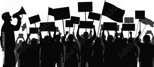 protest, crowd, demonstration, rally, silhouette, people, activism, protester, signs, megaphone, political, movement, strike, vector, illustration, black, white, social, background
