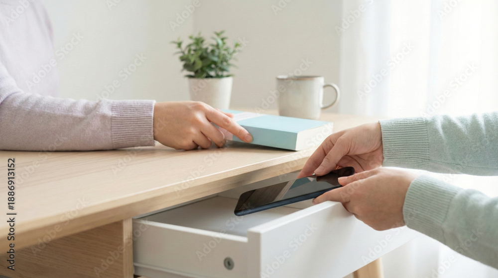 Fototapeta premium Hands Putting Smartphone in Drawer to Read Book for Digital Detox and Focus