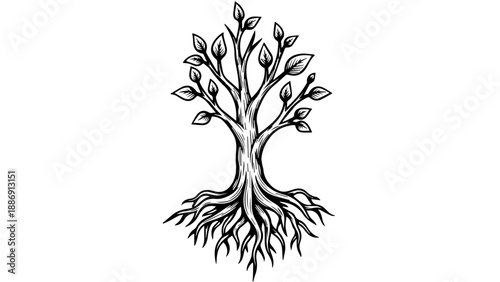 Minimalist black and white line drawing of a solitary tree with intricate detailing