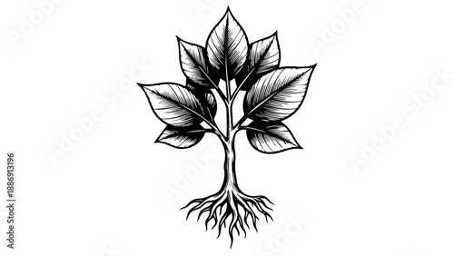Black and white illustration of a plant with intricate roots and leaves