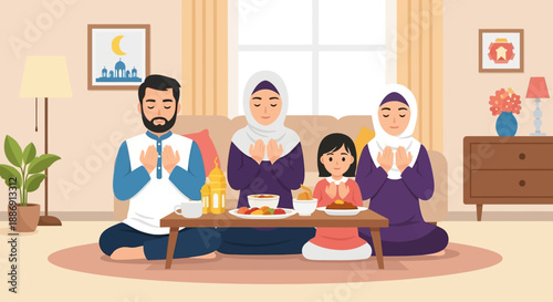 A serene flat design illustration depicts a Muslim family offering heartfelt prayers together before enjoying their Iftar meal during Ramadhan. 