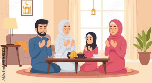 A serene flat design illustration depicts a Muslim family offering heartfelt prayers together before enjoying their Iftar meal during Ramadhan. 