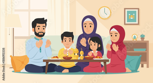A serene flat design illustration depicts a Muslim family offering heartfelt prayers together before enjoying their Iftar meal during Ramadhan. 