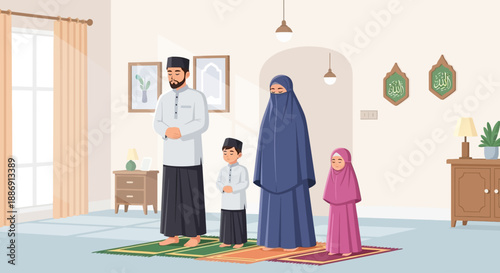 A heartwarming flat design illustration depicting a Muslim family performing the special Tarawih prayer together in the comfort of their home during Ramadhan nights.