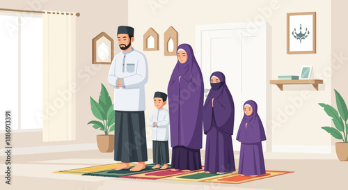 A heartwarming flat design illustration depicting a Muslim family performing the special Tarawih prayer together in the comfort of their home during Ramadhan nights.