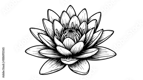 Black and white line drawing of a single lotus flower in full bloom
