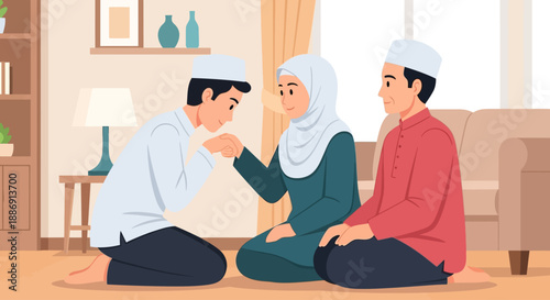 A touching flat design illustration depicting a Muslim child respectfully asking for forgiveness from their parents during Eid al-Fitr, a cherished tradition of Sungkeman. 