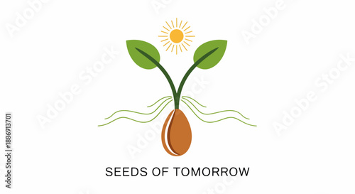 Flat illustration featuring Seeds of Tomorrow, depicting sprouting plant with green leaves and sun motif. Graphic design emphasizes natural growth lines.