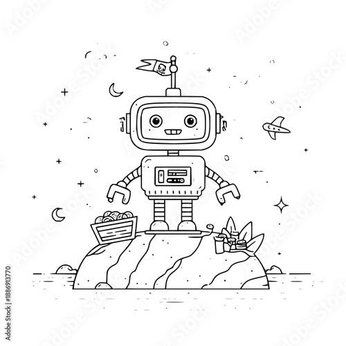 Smiling Robot Standing on Moon Rock with Flag