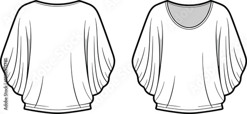 Front and back view technical fashion flat of a dolman sleeve with a scoop neckline and elasticated hemline presented in outline