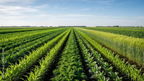 Wallpaper Mural Expansive agricultural landscape of vibrant green crop rows stretching to the horizon under a clear blue sky, symbolizing sustainable farming practices and bountiful harvests Torontodigital.ca