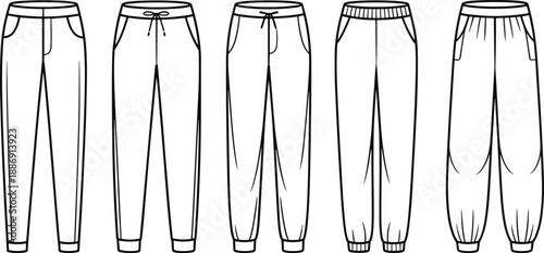 Group of five relaxed fit sweatpants illustrated as technical fashion highlighting elastic cuffs and drawstring closures